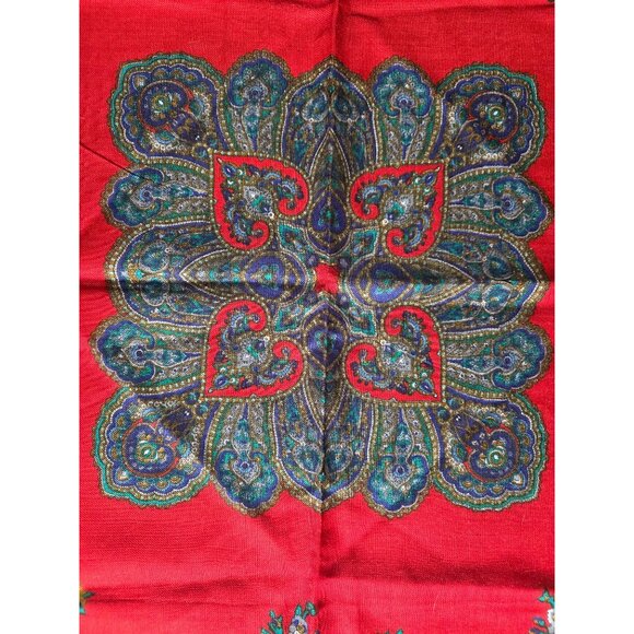 Vintage Square Red Scarf With Blue Floral Paisley Print & Frayed Edges 30" X 30" - Picture 2 of 4